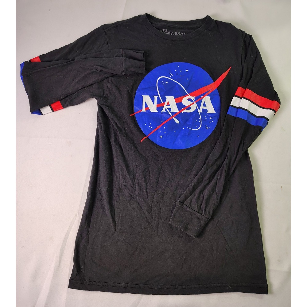 Bowery Supply NASA Long Sleeve Graphic Shirt Black Colorblock Stripe Crewneck S